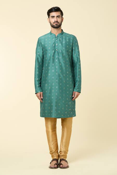 Arihant Rai Sinha Green Silk Foil Printing Geometric Butti Kurta Online at Aza Fashions Arihant Rai Sinha_Green Silk Foil Printing Geometric Butti Kurta_Online_at_Aza_Fashions