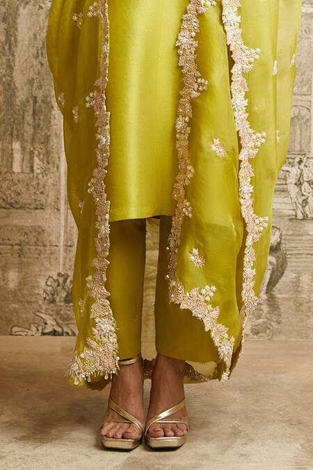 Prisho Green Silk Pearls, Sequins, Applique Floral Lampi Embroidered Kurta Pant Set Online at Aza Fashions Prisho_Green Silk Pearls, Sequins, Applique Floral Lampi Embroidered Kurta Pant Set _Online_at_Aza_Fashions