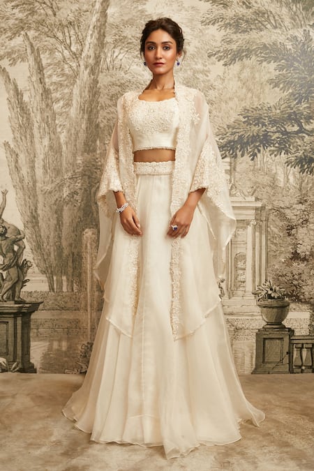 Prisho Ivory Organza Embroidered Resham Cape Open Tonal Asymmetric Lehenga Set 