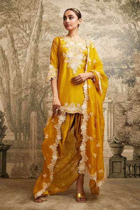 Prisho Yellow Silk Embroidered Resham Round Lampi Kurta Tulip Pant Set 