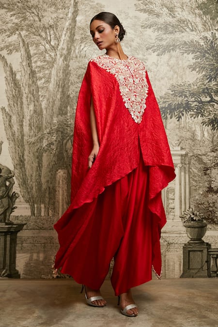 Prisho Red Silk Embroidered Lampi Round Katan With Asymmetric Pant 