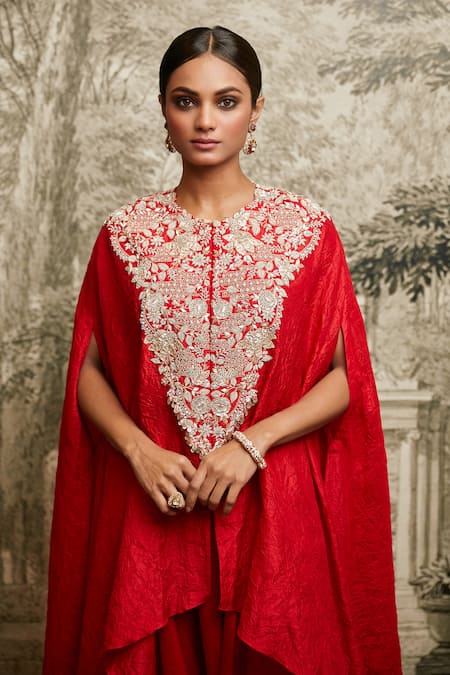 Shop Prisho Red Silk Pearls, Sequins Round Neck Lampi Embroidered Katan With Asymmetric Pant at Aza Fashions Shop_Prisho_Red Silk Pearls, Sequins Round Neck Lampi Embroidered Katan With Asymmetric Pant _at_Aza_Fashions