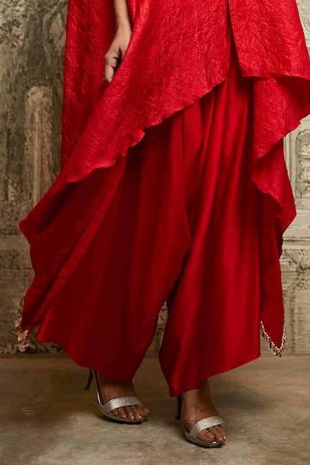 Prisho Red Silk Pearls, Sequins Round Neck Lampi Embroidered Katan With Asymmetric Pant Online at Aza Fashions Prisho_Red Silk Pearls, Sequins Round Neck Lampi Embroidered Katan With Asymmetric Pant _Online_at_Aza_Fashions