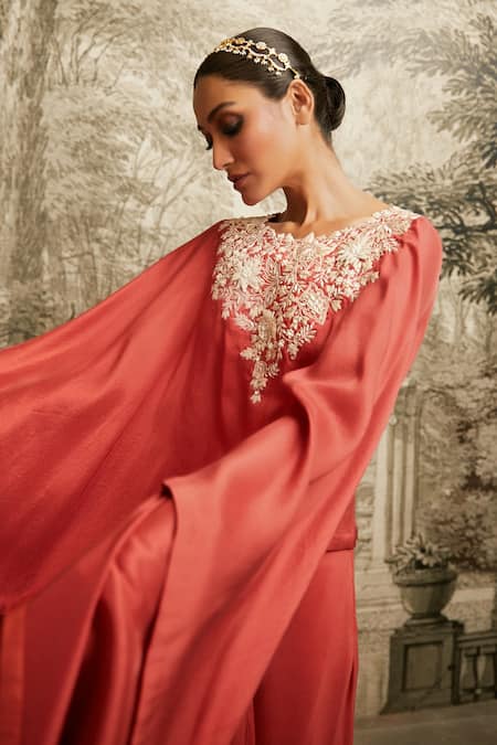 Shop Prisho Coral Silk, Tissue Pearls, Lampi Embroidered Tasselled Kaftan With Draped Skirt at Aza Fashions Shop_Prisho_Coral Silk, Tissue Pearls, Lampi Embroidered Tasselled Kaftan With Draped Skirt _at_Aza_Fashions