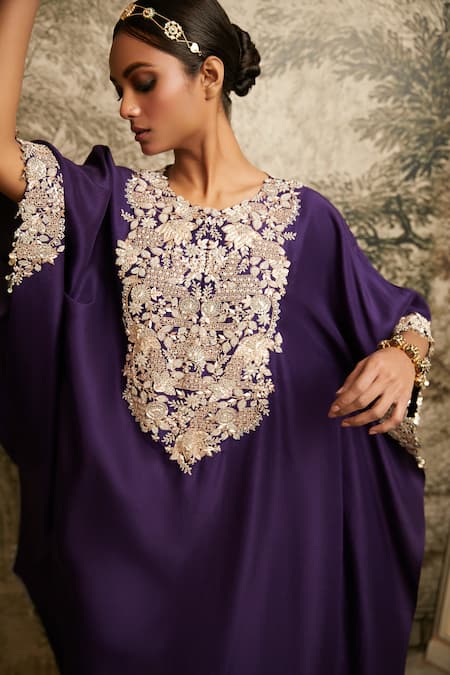 Shop Prisho Purple Silk Sequins, Pearls Round Neck Gota Embroidered Floral Kaftan With Pant at Aza Fashions Shop_Prisho_Purple Silk Sequins, Pearls Round Neck Gota Embroidered Floral Kaftan With Pant _at_Aza_Fashions