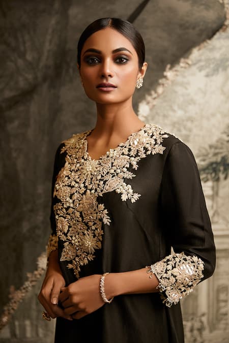 Shop Prisho Black Silk, Organza Pearls, Sequins, Applique, Embroidery Lampi Kurta Pant Set at Aza Fashions Shop_Prisho_Black Silk, Organza Pearls, Sequins, Applique, Embroidery Lampi Kurta Pant Set _at_Aza_Fashions