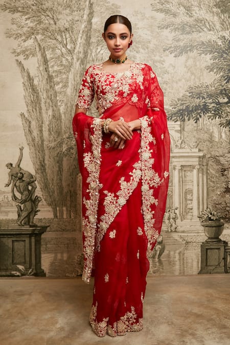 Prisho Red Silk Embroidered Resham Round Lampi Applique Saree With Blouse 