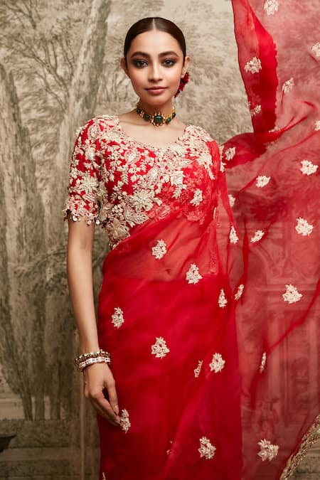 Shop Prisho Red Silk, Organza Pearls, Sequins, Applique, Lampi Saree With Blouse at Aza Fashions Shop_Prisho_Red Silk, Organza Pearls, Sequins, Applique, Lampi Saree With Blouse _at_Aza_Fashions