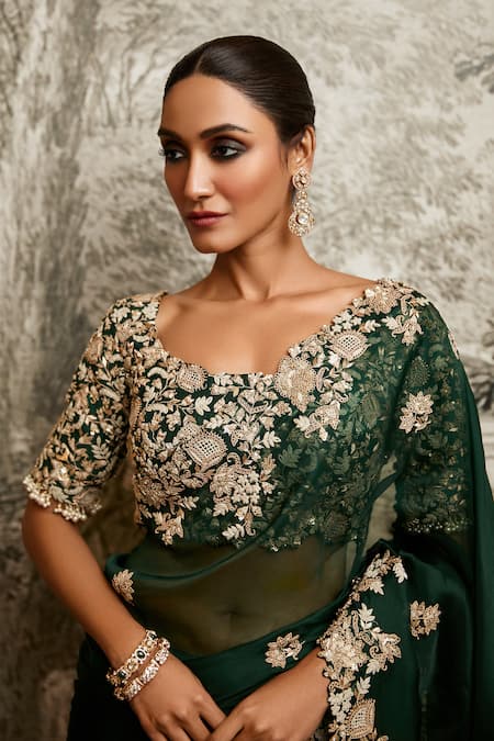 Shop Prisho Green Silk, Organza Embroidery, Sequins, Beads Round Dori Saree With Blouse at Aza Fashions Shop_Prisho_Green Silk, Organza Embroidery, Sequins, Beads Round Dori Saree With Blouse _at_Aza_Fashions