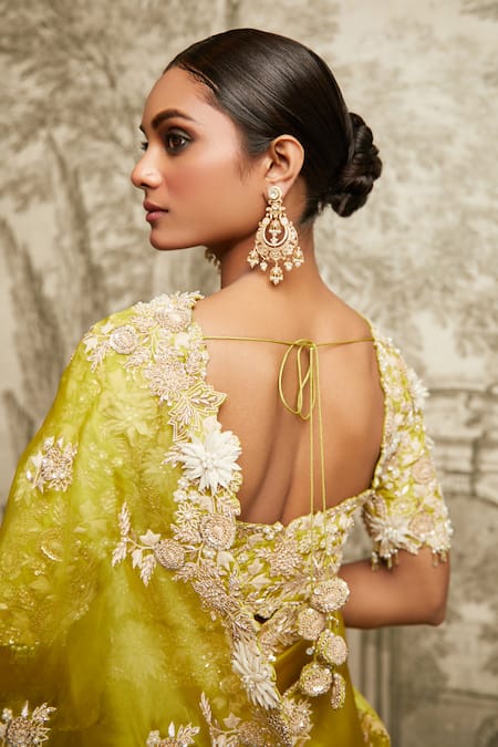 Shop Prisho Green Silk, Organza Embroidery, Pearls, Floral Applique Saree With Blouse at Aza Fashions Shop_Prisho_Green Silk, Organza Embroidery, Pearls, Floral Applique Saree With Blouse _at_Aza_Fashions