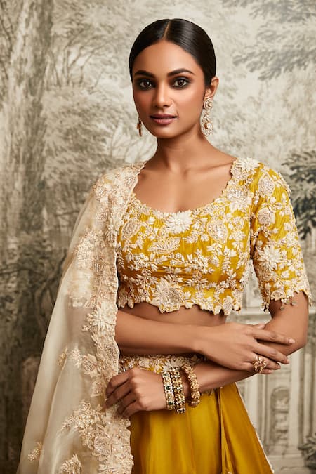 Shop Prisho Yellow Silk, Organza Pearls, Sequins, Lampi Resham Floral Vine Lehenga Set at Aza Fashions Shop_Prisho_Yellow Silk, Organza Pearls, Sequins, Lampi Resham Floral Vine Lehenga Set _at_Aza_Fashions