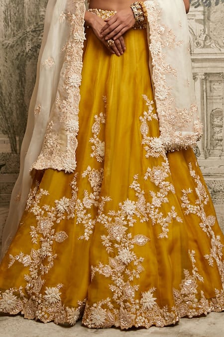 Prisho Yellow Silk, Organza Pearls, Sequins, Lampi Resham Floral Vine Lehenga Set Online at Aza Fashions Prisho_Yellow Silk, Organza Pearls, Sequins, Lampi Resham Floral Vine Lehenga Set _Online_at_Aza_Fashions