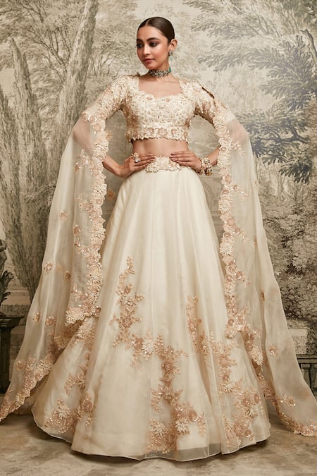 Prisho Ivory Organza Embroidered Resham Scoop Floral Vine Lampi Lehenga Set 