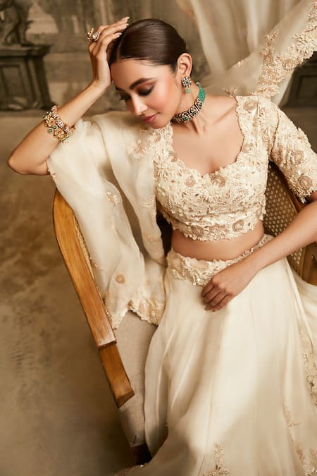 Shop Prisho Ivory Silk, Organza Pearls, Floral Vine Lampi Resham Embroidered Lehenga Set at Aza Fashions Shop_Prisho_Ivory Silk, Organza Pearls, Floral Vine Lampi Resham Embroidered Lehenga Set _at_Aza_Fashions
