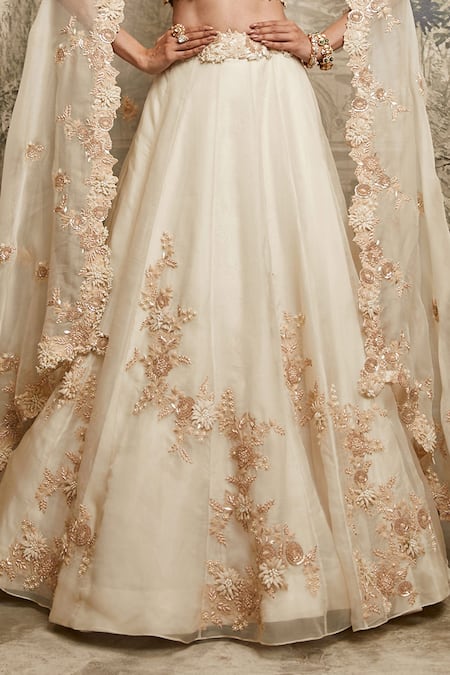 Prisho Ivory Silk, Organza Pearls, Floral Vine Lampi Resham Embroidered Lehenga Set Online at Aza Fashions Prisho_Ivory Silk, Organza Pearls, Floral Vine Lampi Resham Embroidered Lehenga Set _Online_at_Aza_Fashions
