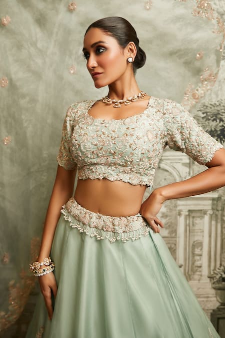 Shop Prisho Blue Silk, Organza Pearls, Sequins Dori Embroidered Floral Jaali Lehenga Set at Aza Fashions Shop_Prisho_Blue Silk, Organza Pearls, Sequins Dori Embroidered Floral Jaali Lehenga Set _at_Aza_Fashions
