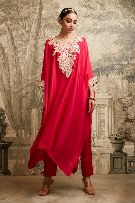 Prisho Red Silk Resham V Neck Detailed Kaftan With Pant 