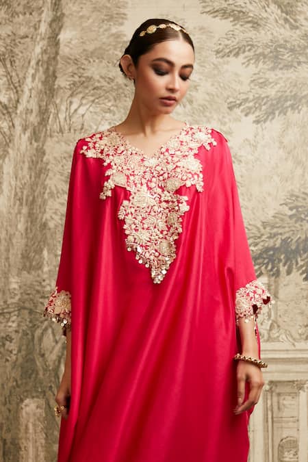 Shop Prisho Red Silk Embroidery V-neck Resham Detailed Kaftan With Pant at Aza Fashions Shop_Prisho_Red Silk Embroidery V-neck Resham Detailed Kaftan With Pant _at_Aza_Fashions