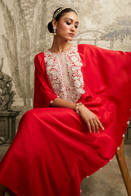 Shop Prisho Red Silk Gota Patti, Pearls Round Neck Detailed Kaftan With Pant at Aza Fashions Shop_Prisho_Red Silk Gota Patti, Pearls Round Neck Detailed Kaftan With Pant _at_Aza_Fashions