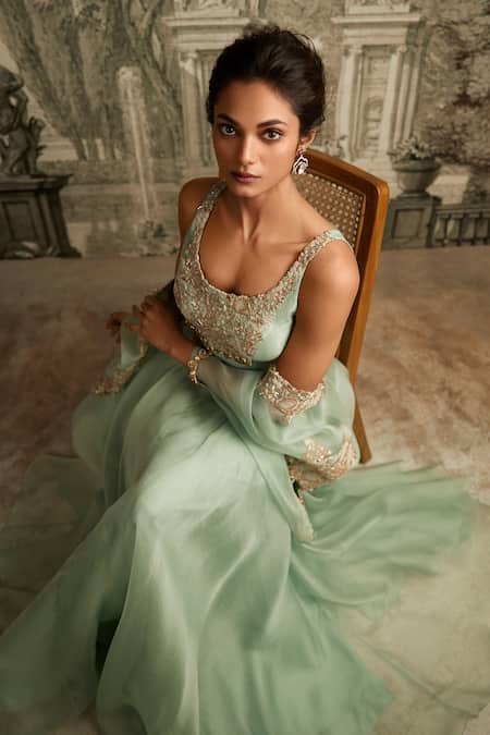 Shop Prisho Blue Silk, Organza Embroidery Round Neck Floral Detailed Lehenga Set With Cape at Aza Fashions Shop_Prisho_Blue Silk, Organza Embroidery Round Neck Floral Detailed Lehenga Set With Cape _at_Aza_Fashions