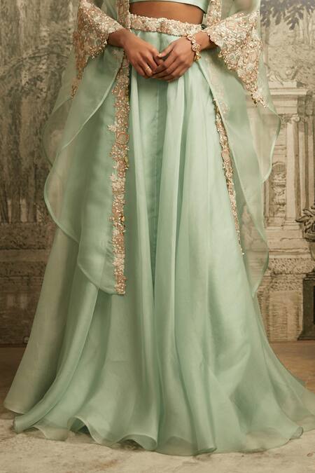 Prisho Blue Silk, Organza Embroidery Round Neck Floral Detailed Lehenga Set With Cape Online at Aza Fashions Prisho_Blue Silk, Organza Embroidery Round Neck Floral Detailed Lehenga Set With Cape _Online_at_Aza_Fashions