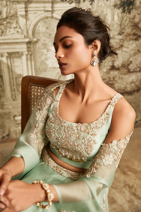 Buy Prisho Blue Silk, Organza Embroidery Round Neck Floral Detailed Lehenga Set With Cape Online at Aza Fashions Buy_Prisho_Blue Silk, Organza Embroidery Round Neck Floral Detailed Lehenga Set With Cape _Online_at_Aza_Fashions