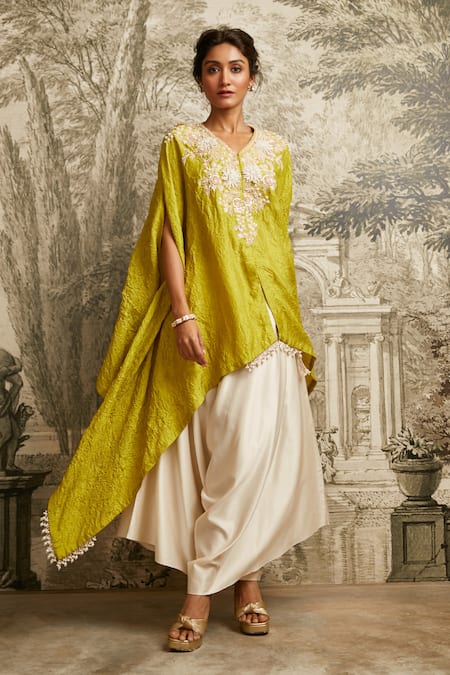 Prisho Green Silk Resham V Neck Floral Detailed Kaftan With Asymmetric Pant 