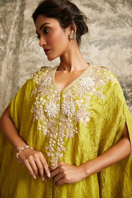 Shop Prisho Green Silk Pearls V-neck Floral Detailed Kaftan With Asymmetric Pant at Aza Fashions Shop_Prisho_Green Silk Pearls V-neck Floral Detailed Kaftan With Asymmetric Pant _at_Aza_Fashions