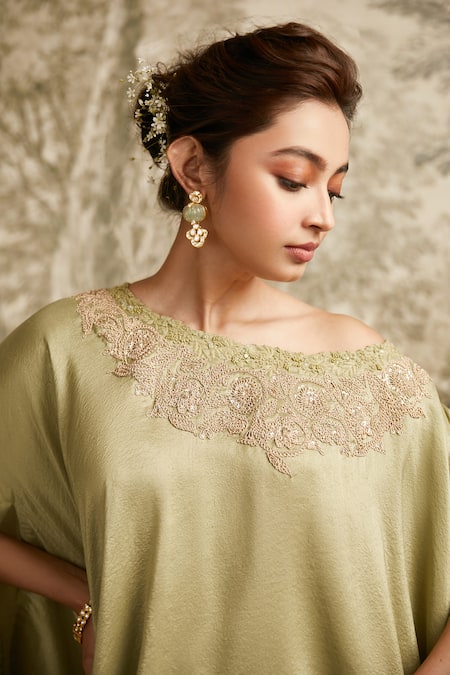 Prisho Green Silk, Organza Embroidery Asymmetric Neck Kaftan With Skirt  2