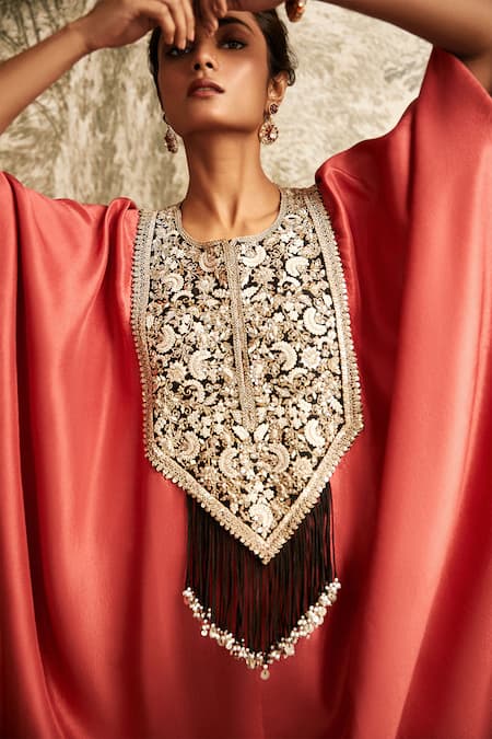 Shop Prisho Orange Silk Tassels, Embroidery Round Neck Detailed Kaftan With Pant at Aza Fashions Shop_Prisho_Orange Silk Tassels, Embroidery Round Neck Detailed Kaftan With Pant _at_Aza_Fashions