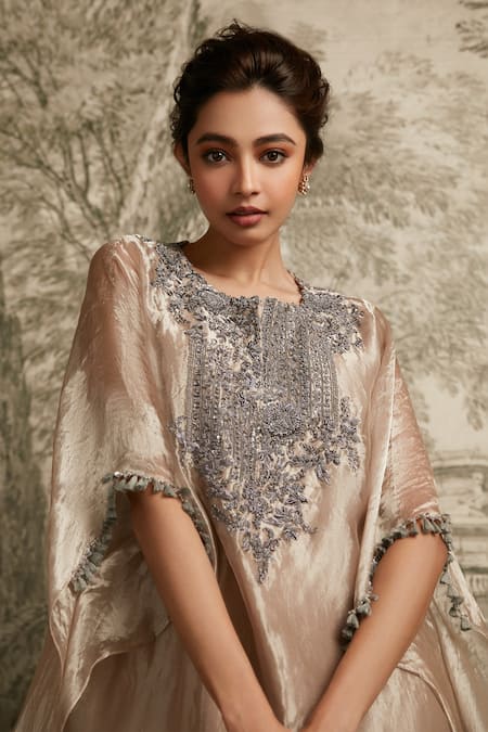 Shop Prisho Pink Silk, Tissue Tassels, Embroidery Round Detailed Sleeve Kaftan With Pant at Aza Fashions Shop_Prisho_Pink Silk, Tissue Tassels, Embroidery Round Detailed Sleeve Kaftan With Pant _at_Aza_Fashions