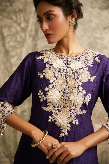 Shop Prisho Purple Silk, Organza Embroidery Round Neck Floral Detailed Kurta Sharara Set at Aza Fashions Shop_Prisho_Purple Silk, Organza Embroidery Round Neck Floral Detailed Kurta Sharara Set _at_Aza_Fashions