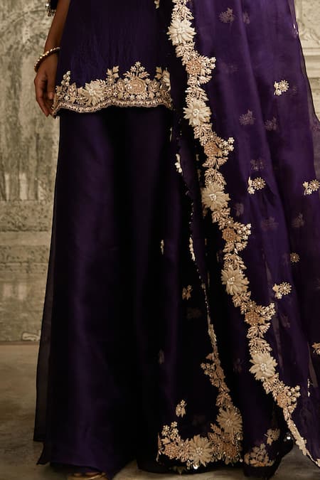 Prisho Purple Silk, Organza Embroidery Round Neck Floral Detailed Kurta Sharara Set Online at Aza Fashions Prisho_Purple Silk, Organza Embroidery Round Neck Floral Detailed Kurta Sharara Set _Online_at_Aza_Fashions