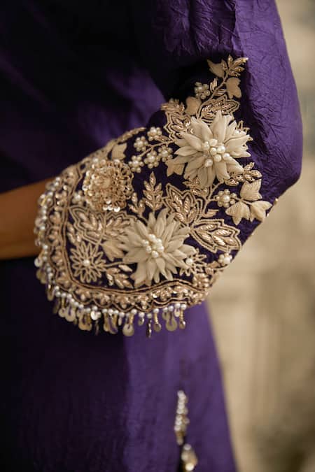 Buy Prisho Purple Silk, Organza Embroidery Round Neck Floral Detailed Kurta Sharara Set Online at Aza Fashions Buy_Prisho_Purple Silk, Organza Embroidery Round Neck Floral Detailed Kurta Sharara Set _Online_at_Aza_Fashions