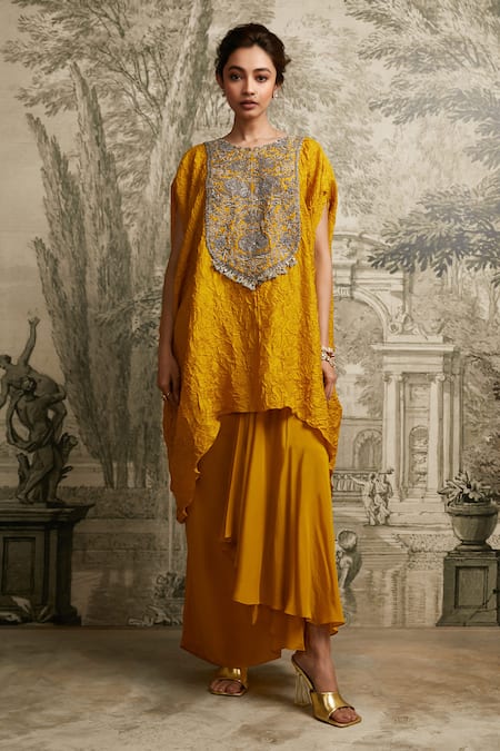 Prisho Yellow Silk Floral Round Asymmetric Hem Kaftan With Draped Skirt 