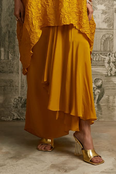 Prisho_Yellow Silk, Crepe Beads, Tassels Round Asymmetric Hem Kaftan With Draped Skirt _Online_at_Aza_Fashions