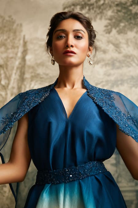 Shop Prisho Blue Silk, Organza Embroidery Ombre Detailed Handkerchief Kurta Set With Cape at Aza Fashions Shop_Prisho_Blue Silk, Organza Embroidery Ombre Detailed Handkerchief Kurta Set With Cape _at_Aza_Fashions