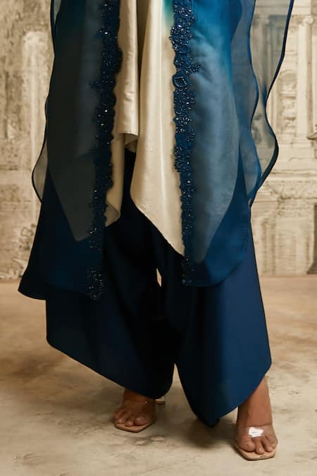 Prisho Blue Silk, Organza Embroidery Ombre Detailed Handkerchief Kurta Set With Cape Online at Aza Fashions Prisho_Blue Silk, Organza Embroidery Ombre Detailed Handkerchief Kurta Set With Cape _Online_at_Aza_Fashions