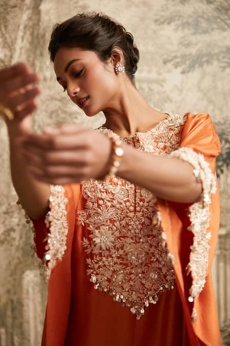 Shop Prisho Brown Silk, Cotton Embroidery Round Neck Lampi Detailed Kaftan And Pant Set at Aza Fashions Shop_Prisho_Brown Silk, Cotton Embroidery Round Neck Lampi Detailed Kaftan And Pant Set _at_Aza_Fashions