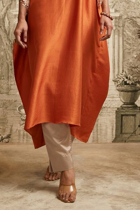 Prisho Brown Silk, Cotton Embroidery Round Neck Lampi Detailed Kaftan And Pant Set Online at Aza Fashions Prisho_Brown Silk, Cotton Embroidery Round Neck Lampi Detailed Kaftan And Pant Set _Online_at_Aza_Fashions