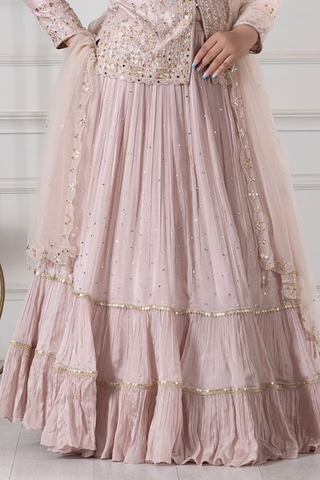 Raj Arora Pink Silk, Georgette Cut Work, Sequins, Embroidered Peplum Top Lehenga Set Online at Aza Fashions Raj Arora_Pink Silk, Georgette Cut Work, Sequins, Embroidered Peplum Top Lehenga Set _Online_at_Aza_Fashions