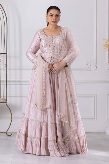 Shop Raj Arora Pink Silk, Georgette Cut Work, Sequins, Embroidered Peplum Top Lehenga Set Online at Aza Fashions Shop_Raj Arora_Pink Silk, Georgette Cut Work, Sequins, Embroidered Peplum Top Lehenga Set _Online_at_Aza_Fashions