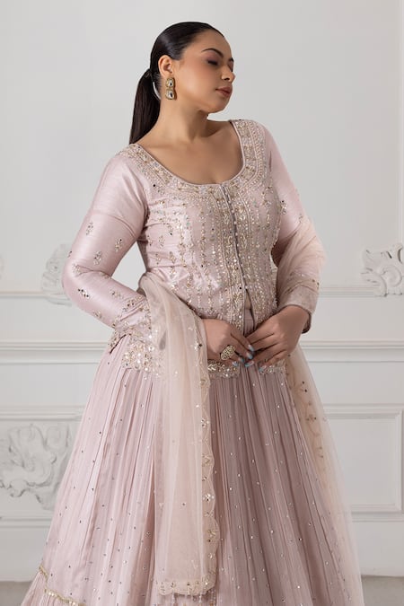 Buy Raj Arora Pink Silk, Georgette Cut Work, Sequins, Embroidered Peplum Top Lehenga Set Buy_Raj Arora_Pink Silk, Georgette Cut Work, Sequins, Embroidered Peplum Top Lehenga Set