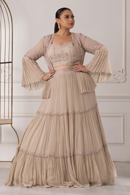 Shop_Raj Arora_Beige Georgette Embroidery, Pearls, Sequins Pleated Jacket Lehenga Set _at_Aza_Fashions