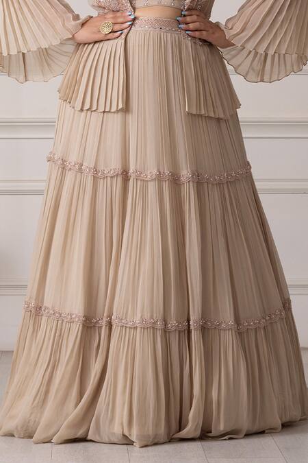 Raj Arora_Beige Georgette Embroidery, Pearls, Sequins Pleated Jacket Lehenga Set _Online_at_Aza_Fashions