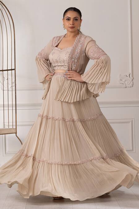 Buy_Raj Arora_Beige Georgette Embroidery, Pearls, Sequins Pleated Jacket Lehenga Set _Online_at_Aza_Fashions