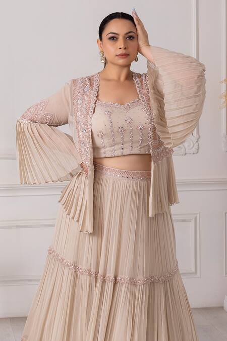 Shop_Raj Arora_Beige Georgette Embroidery, Pearls, Sequins Pleated Jacket Lehenga Set _Online_at_Aza_Fashions