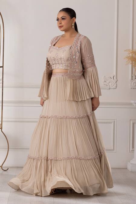 Raj Arora_Beige Georgette Embroidery, Pearls, Sequins Pleated Jacket Lehenga Set _at_Aza_Fashions