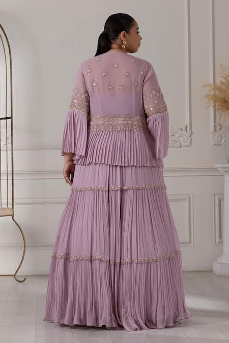 Shop_Raj Arora_Purple Georgette Pearls, Sequins, Mirrors Pleated Embroidered Jacket Lehenga Set _at_Aza_Fashions