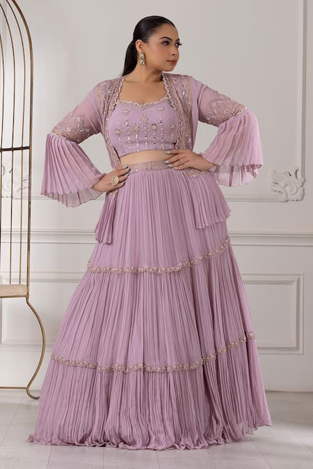 Raj Arora_Purple Georgette Pearls, Sequins, Mirrors Pleated Embroidered Jacket Lehenga Set _Online_at_Aza_Fashions